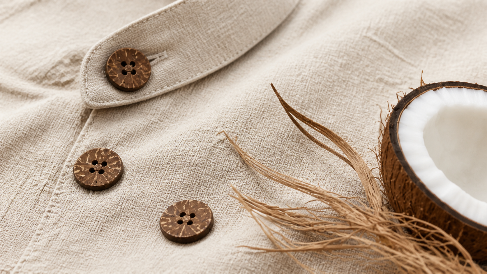 Natural coconut-shell buttons resting on Egyptian linen beside a halved coconut
