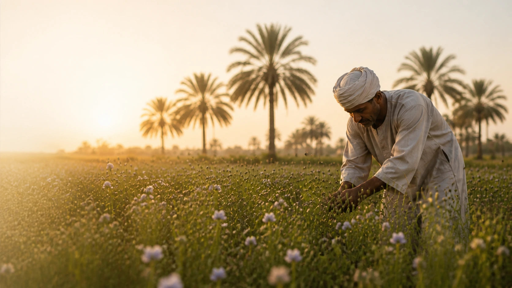 Flax flowers growing in warm sunlight